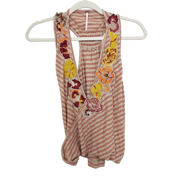 Free People Frida Beige Striped Surplice Tank Top Floral Applique Boho Size XS - Picture 1 of 6